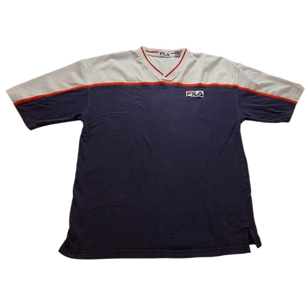 Fila Mens V-Neck Mesh‎ Colorblock Jersey T-Shirt Navy Blue White Red Large